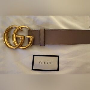 Gucci Dusty Pink Leather Belt with Double G Antique Brass Buckle.